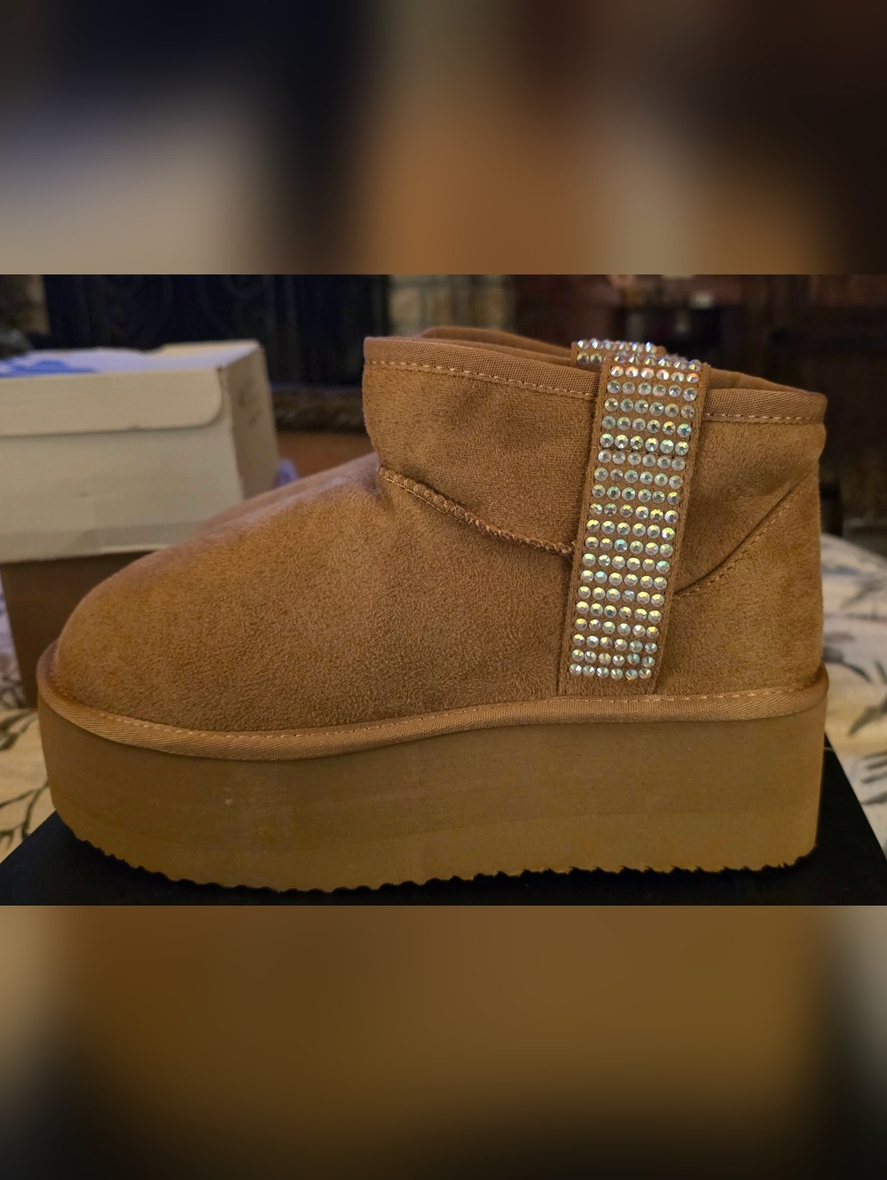 Cape Robbin Tan Suede Platform Ankle Boots with Crystal Strap